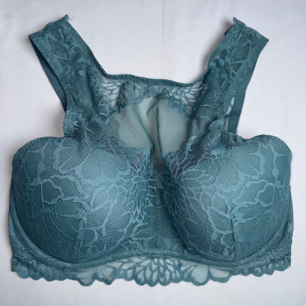 Victorias Secret PINK Lace Bralette M-DD Teal Blue Padded High Neck 356713-2CD